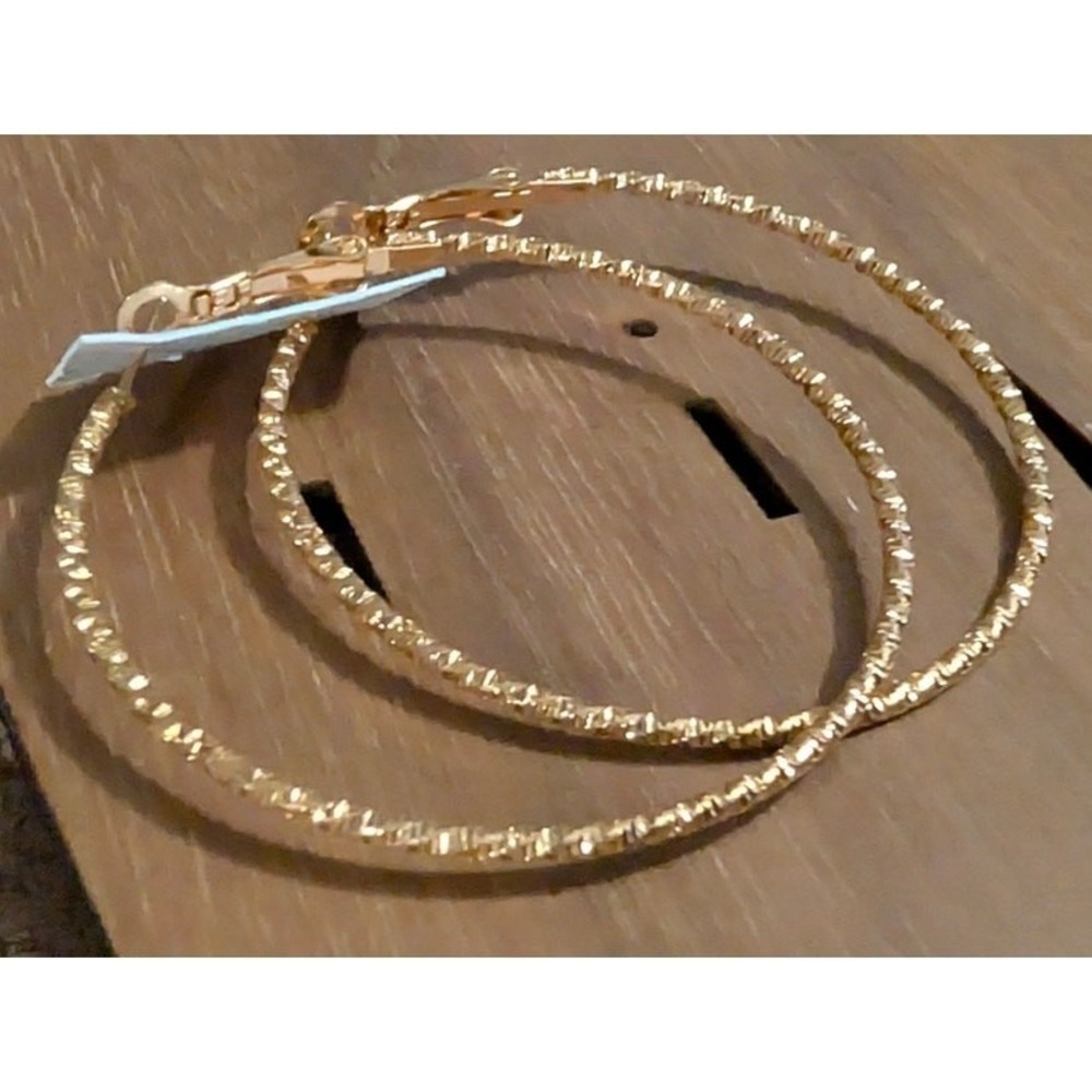 New Gold Tone Pierced Earrings 2 inch Hoops Textured Edges